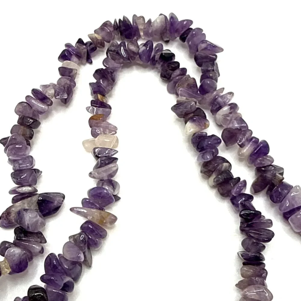 Vintage Amethyst Chip Necklace Long Strand Stone Boho Energy Protection Calming